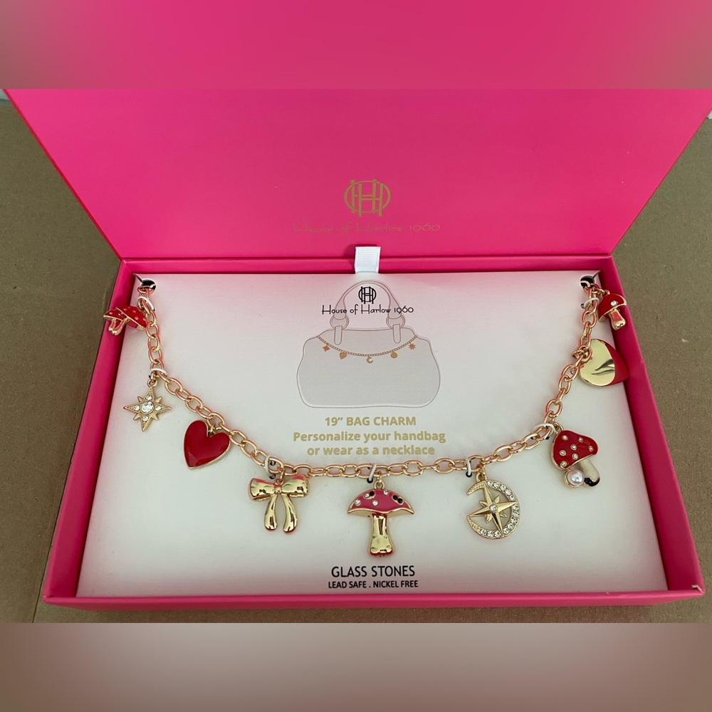 NWT House of Harlow 1960 Bag Charm Or Necklace 19” Glass Stones Nickel Free